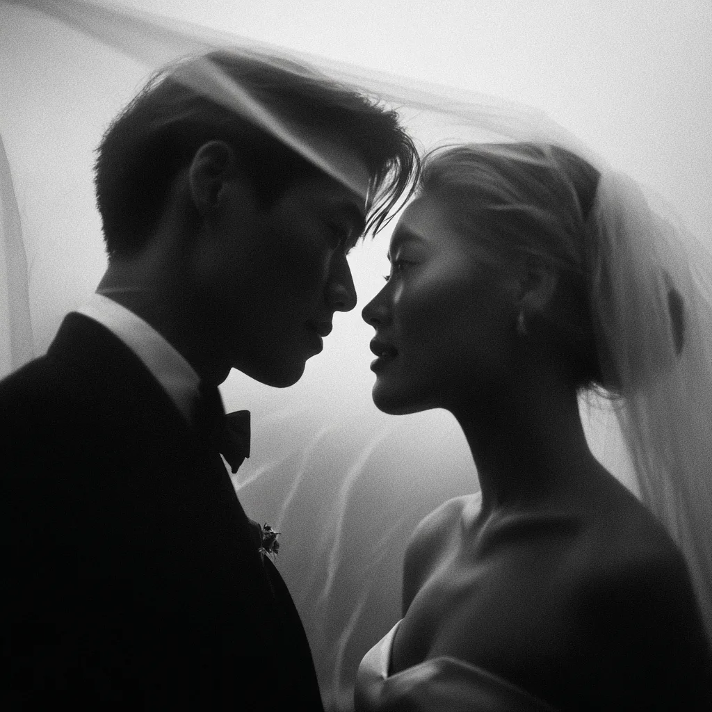 Couple, foreheads together under a veil